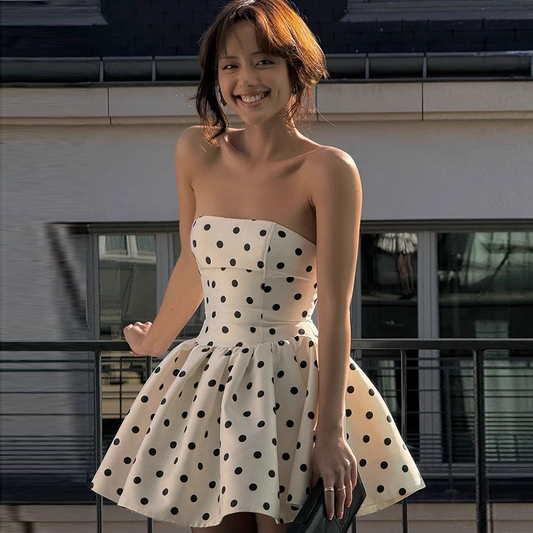 Vintage Dot Pattern Strapless A-Line Short Summer Dresses Party Dress Homecoming Dress DP6392
