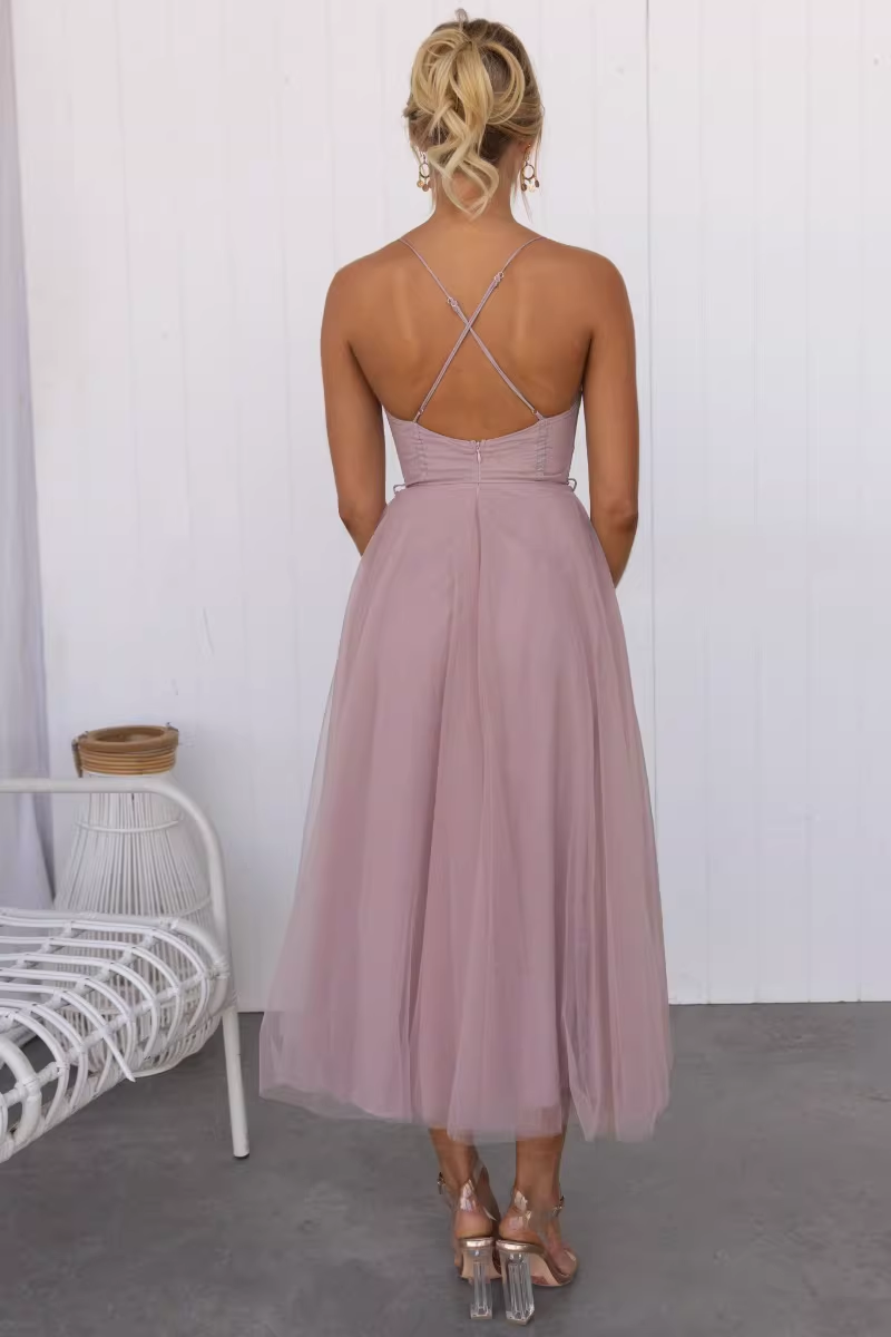 Vintage Tulle Sweetheart Spaghetti Straps Midi Evening Gown DP8143