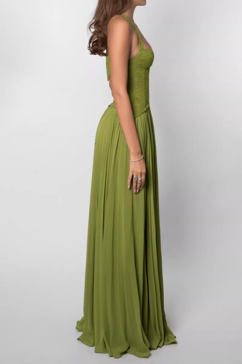 Elegant Olive Green Halter-Neck Lace Corset Pleated Chiffon Maxi Formal Evening Gown DP8233