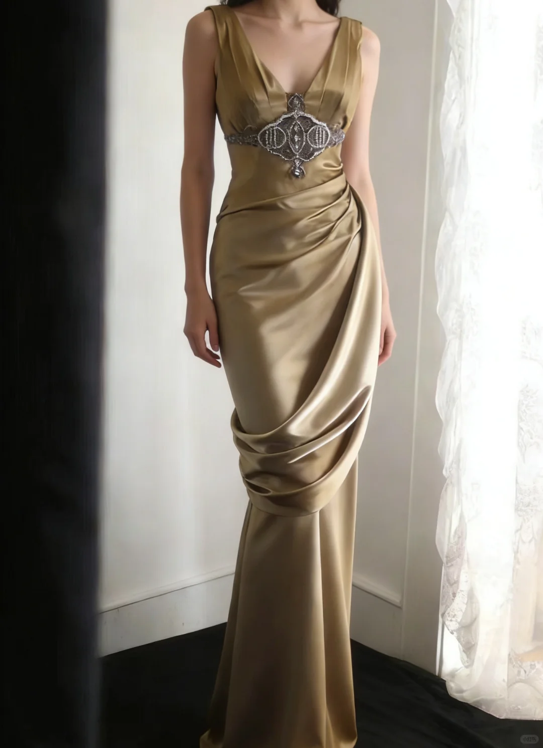 Glamorous Champagne Gold Satin Sleeveless V-Neck Embellished Waist & Ruched Prom Dress DP7640