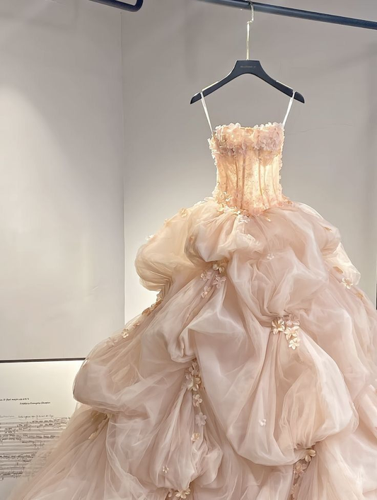 Gorgeous Light Pink Strapless Ruffled Tulle 3D Floral Applique Sweet 15 Quinceanera Ball Gown DP7399