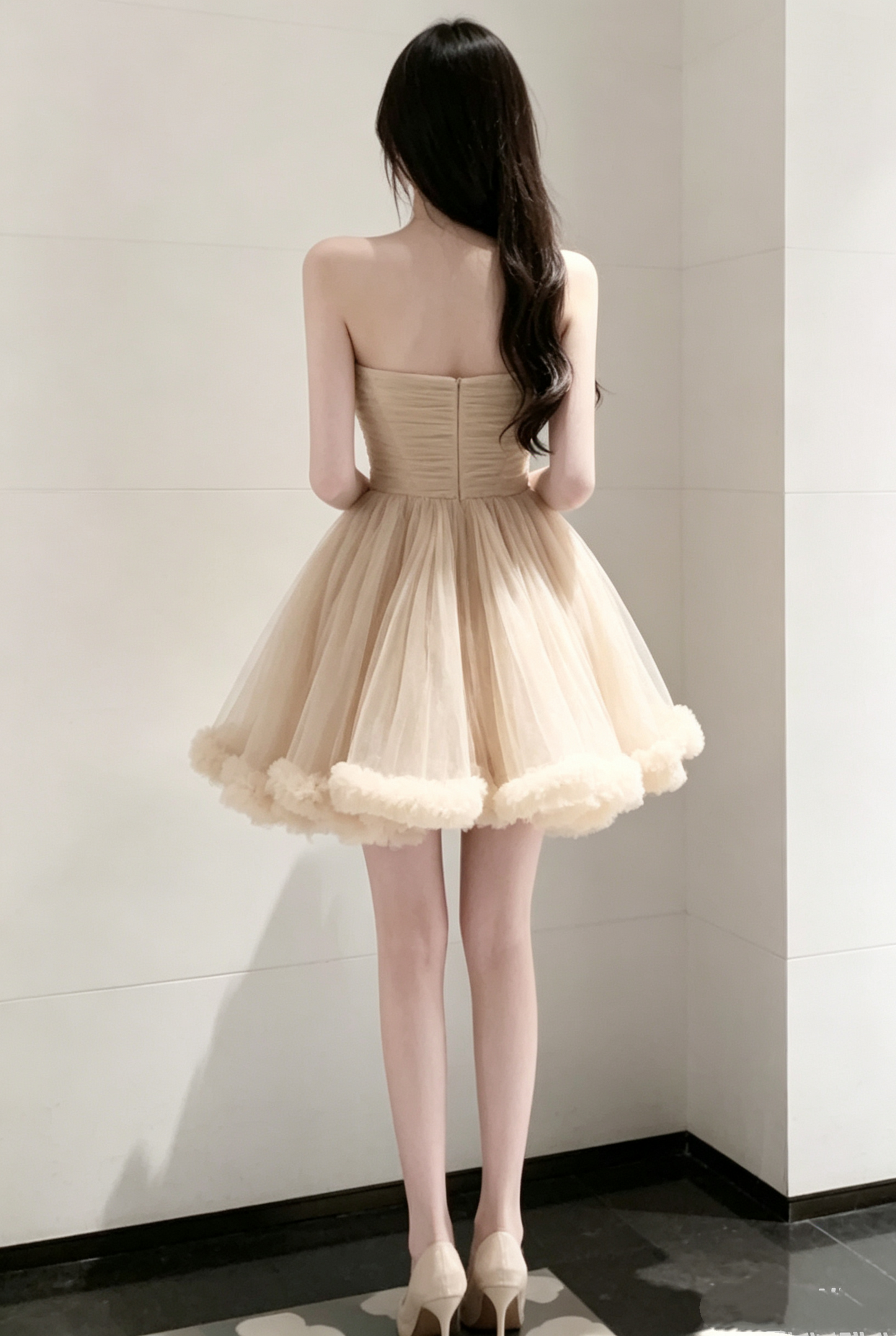 Elegant Champagne Strapless Tulle A-Line Homecoming Dress DP8749