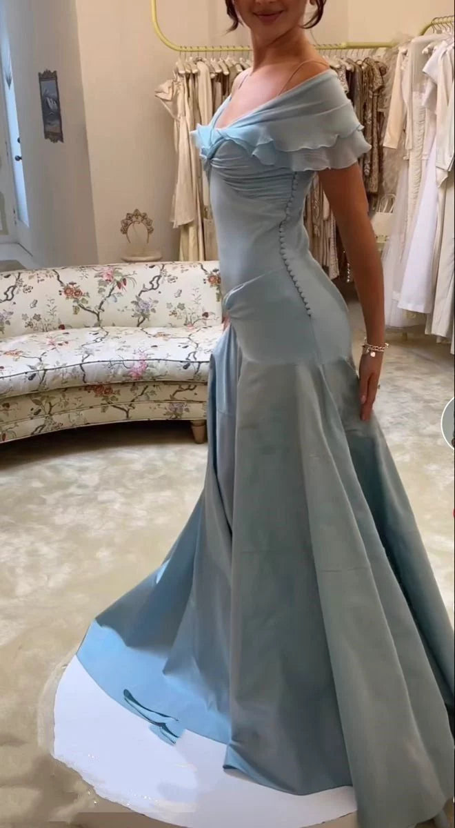 Elegant Dusty Blue Off-the-Shoulder Ruffled Satin A-Line Prom Gown Evening Dress DP8059