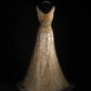 Vintage Champagne Gold Mermaid Beaded V-Neck Sheath Sleeveless Evening Gown DP7381