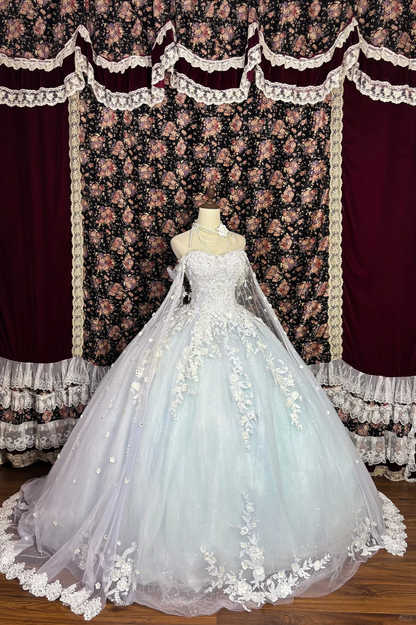 Glamorous Pastel Blue Applique Tulle Lace Beaded Off-the-Shoulder Sheer Cape Sweet 16 Quinceanera Ball Gown DP7348
