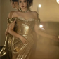 Champagne Gold Off Shoulder Mermaid Sequins Long Evening Party Dresses, DP5512