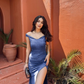 Vintage Glänzend Blau Off-the-shoulder Etuikleid Hoher Schlitz Langes Ballkleid Abendkleid DP6400