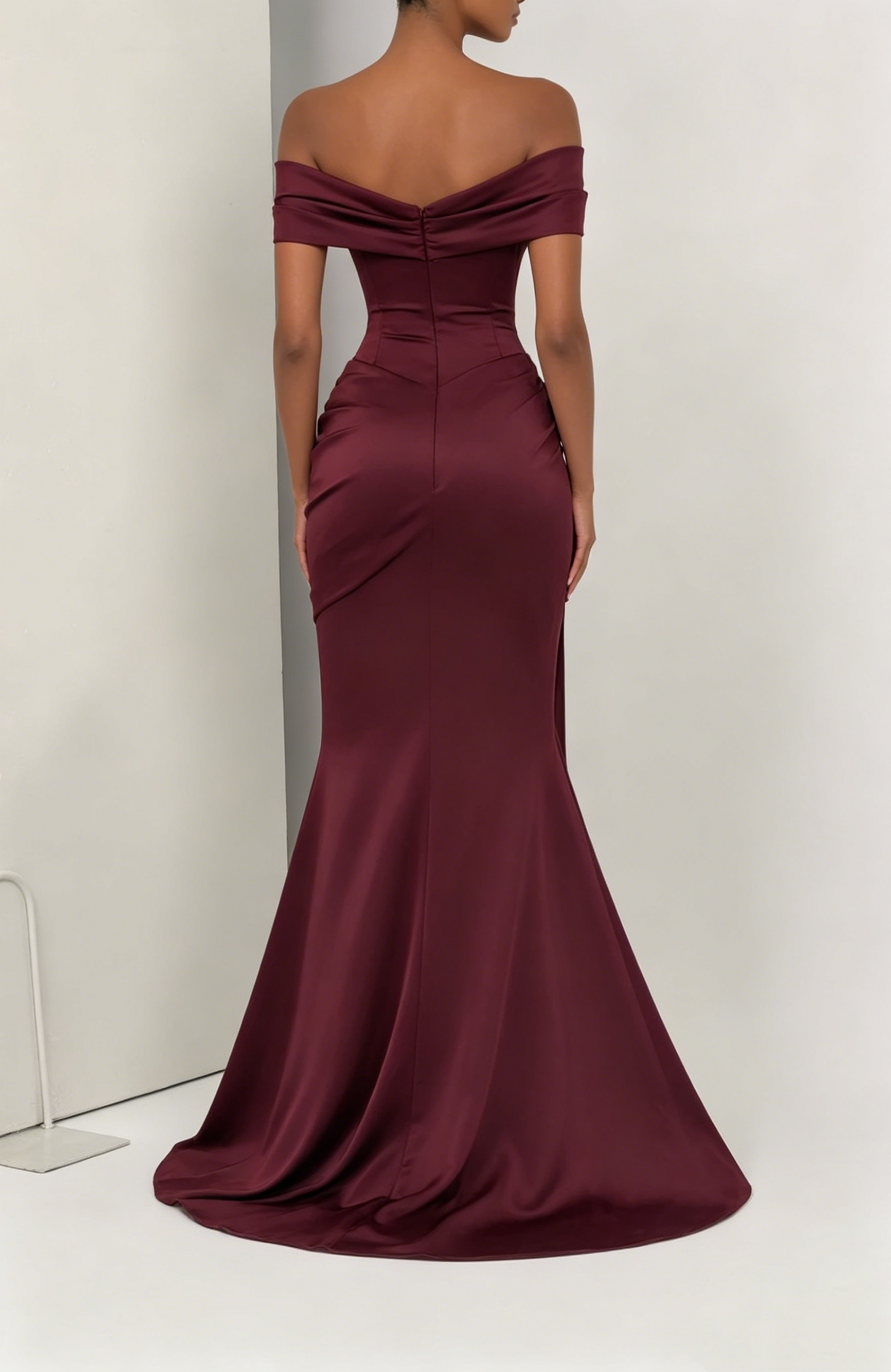 Elegant Burgundy Off-the-Shoulder Satin Mermaid Prom Dress DP8523