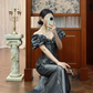 Elegant Grey Ruffled Evening Gown Off-Shoulder Mermaid Prom Dress DP7944