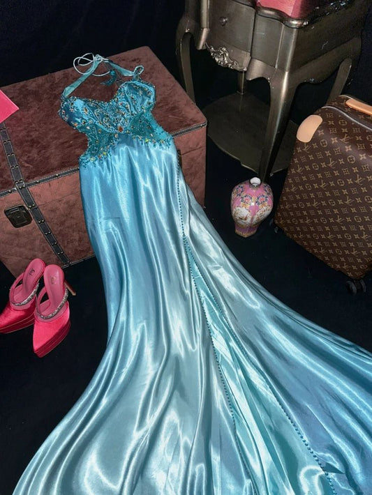 Vintage Turquoise Halter-Neck Sweetheart Mermaid Beaded Evening Dress DP8085