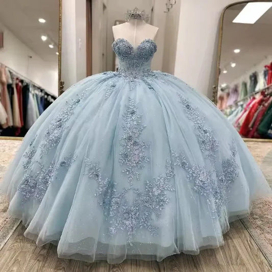 Elegantes himmelblaues Sweetheart A-Linie Quinceanera Ballkleid Geburtstagskleid Abendkleid Ballkleid DP6515
