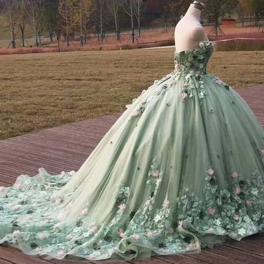 Elegantes, schulterfreies A-Linien-Ballkleid mit Applikationen in Salbeigrün für Sweet 16 Quinceanera, bodenlang, Geburtstagskleid, Abendkleid, Ballkleid DP6513