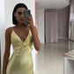Light Yellow V Neck Straps Long Party Dress Wedding Guest Dress, DP2791