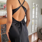 Black V Neck Backless Simple Satin Long Evening Party Dress, DP3019