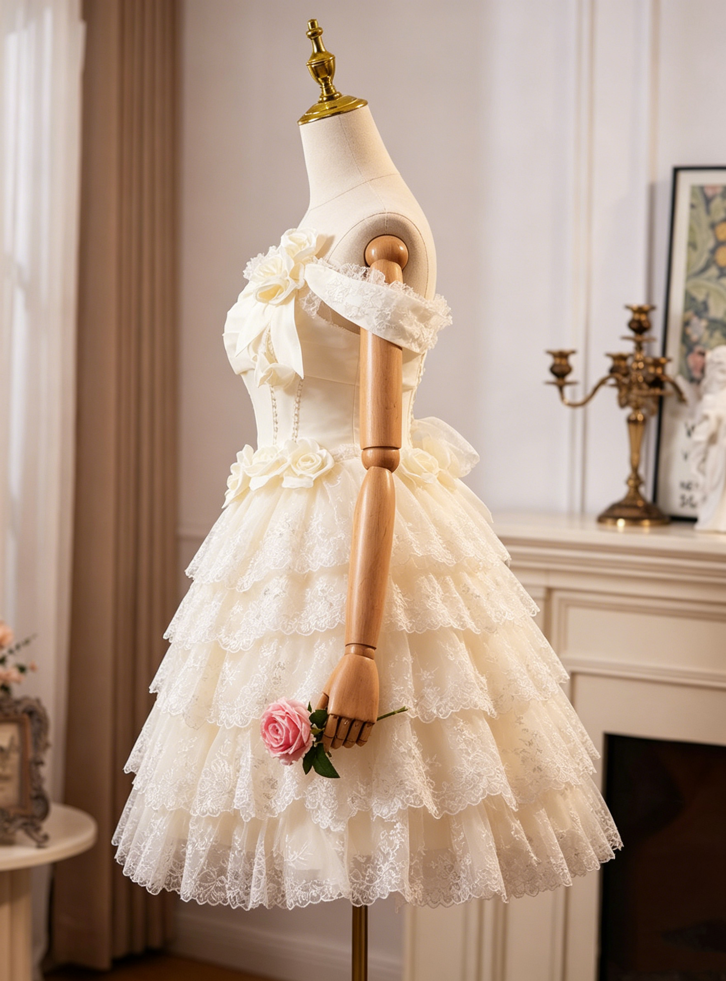 Cute Cream White Off-the-Shoulder Tiered Lace A-Line Homecoming Dress DP8509