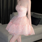 Elegant Pink Strapless Tulle Ruffle Tiered A-Line Homecoming Dress DP8832