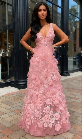 Elegantes rosa 3D-Blumen A-Linien-Ballkleid mit V-Ausschnitt und Perlenapplikation Abendkleid DP8220