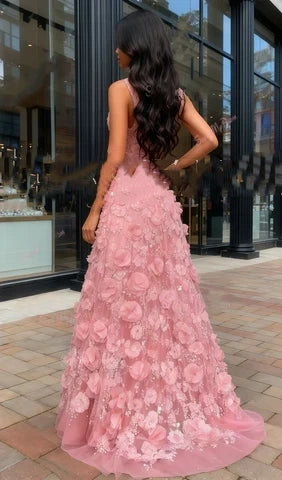 Elegantes rosa 3D-Blumen A-Linien-Ballkleid mit V-Ausschnitt und Perlenapplikation Abendkleid DP8220