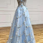 Vintage Light Blue Sweetheart Applique Strapless Design A-Line Evening Dress Prom Dress DP6132