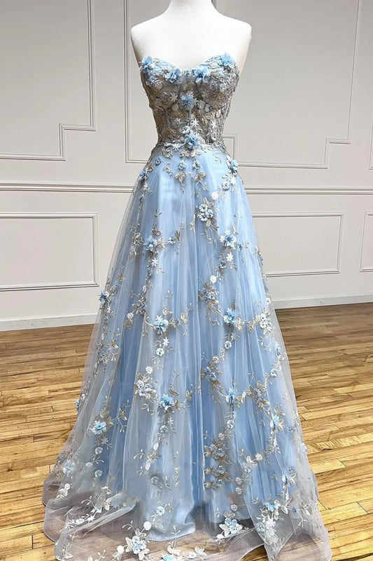 Vintage Light Blue Sweetheart Applique Strapless Design A-Line Evening Dress Prom Dress DP6132