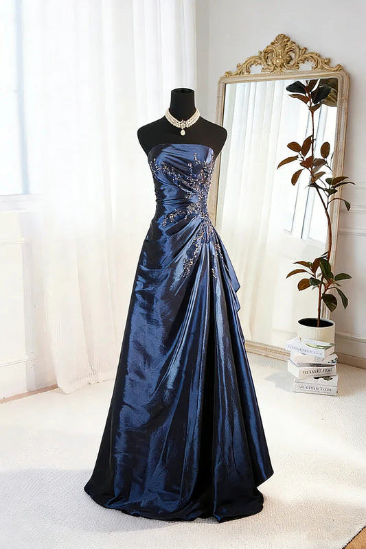 Vintage Royal Blue Satin Strapless Evening Gown with Beaded Embroidery & Draped Ruffles DP4287