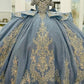 Robe de bal élégante bleu clair à épaules dénudées, ornée de perles et de broderies, décolleté en cœur, modèle DP7238