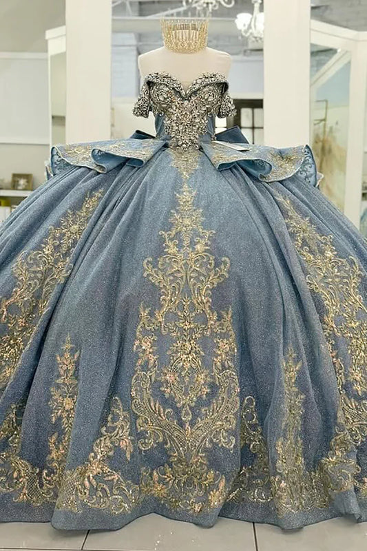 Robe de bal élégante bleu clair à épaules dénudées, ornée de perles et de broderies, décolleté en cœur, modèle DP7238