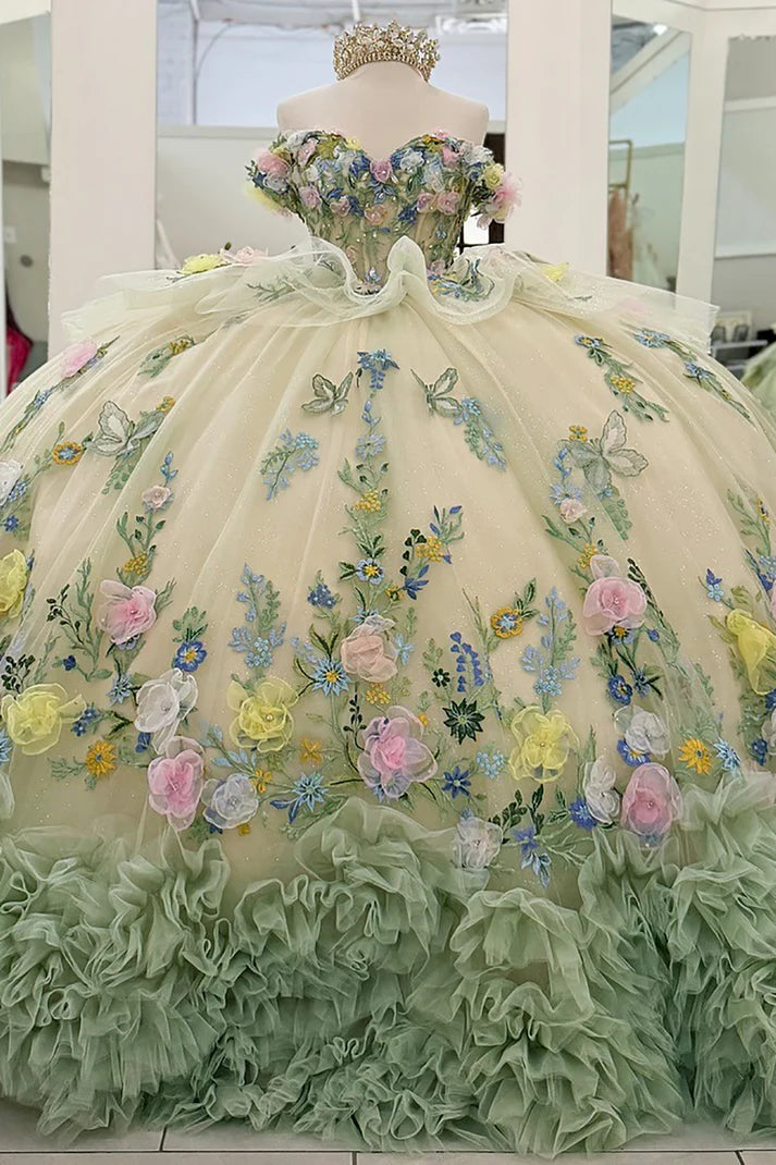 Glamorous 3D Floral & Butterfly Applique Off-Shoulder Sweetheart Quinceanera Sweet 15 Ball Gown DP7183