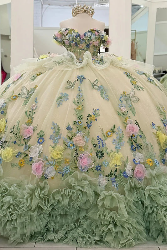Robe de bal glamour à épaules dénudées, ornée d'appliqués floraux et papillons en 3D (DP7183)