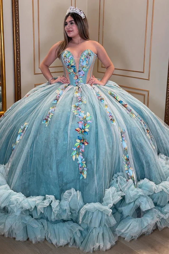 Elegant Light Blue Strapless Applique Sweetheart Glitter Tulle Quinceanera Ball Gown DP7242