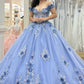Glamorous Periwinkle Blue 3D Floral Embroidery Off-Shoulder Ruffled Tulle Quinceanera Sweet 15 Ball Gown DP7195