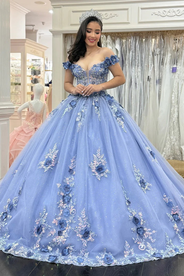 Glamorous Periwinkle Blue 3D Floral Embroidery Off-Shoulder Ruffled Tulle Quinceanera Sweet 15 Ball Gown DP7195