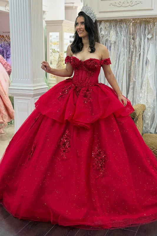 Robe de bal chic rouge vif à épaules dénudées en tulle pailleté ornée d'appliqués, DP7198