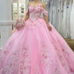 Glamorous Pink Floral Embroidery Off-Shoulder Sweetheart Ruffled Quinceanera Sweet 15 Ball Gown DP7194