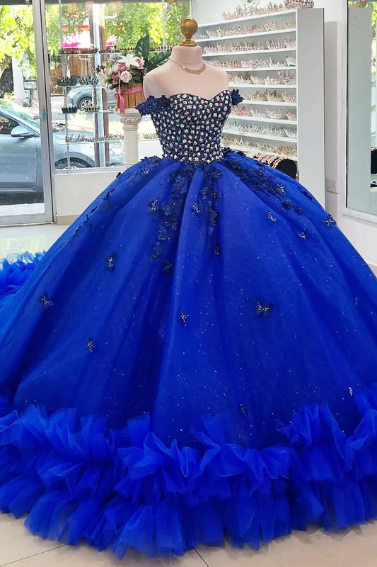 Robe de bal glamour bleu royal en tulle ornée de perles et d'appliqués, décolleté en cœur, idéale pour une quinceañera ou un Sweet 15 (DP7185)