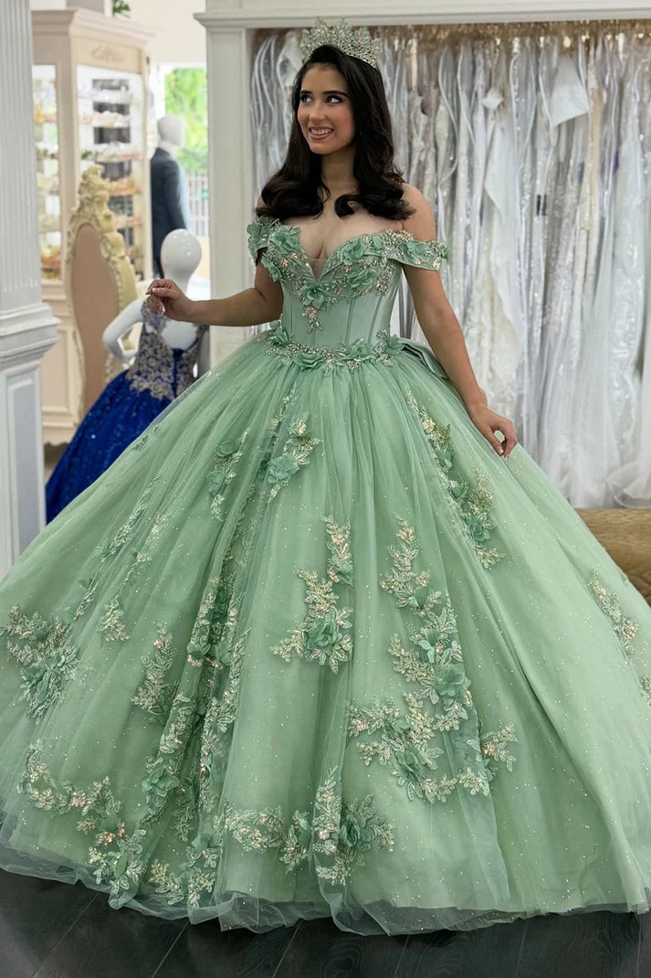 Chic Mint Green Appliqued Off-Shoulder Glitter Tulle Quinceanera Sweet 15 Ball Gown DP7197
