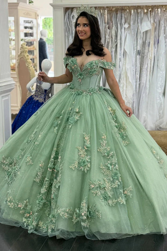 Chic Mint Green Appliqued Off-Shoulder Glitter Tulle Quinceanera Sweet 15 Ball Gown DP7197