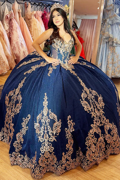 Chic Navy Blue Beaded Embroidery V-Neck Quinceanera Sweet 15 Ball Gown DP7189