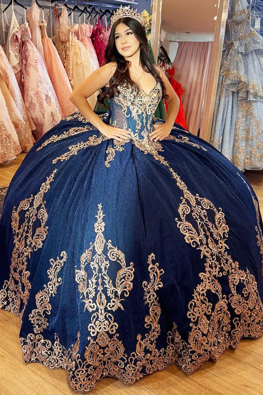 Robe de bal chic bleu marine brodée de perles, col en V, pour Quinceañera ou Sweet 15 DP7189