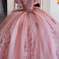 Glamorous Pink Tulle Beaded Appliqued Off-Shoulder Sweetheart Quinceanera Sweet 15 Ball Gown DP7184