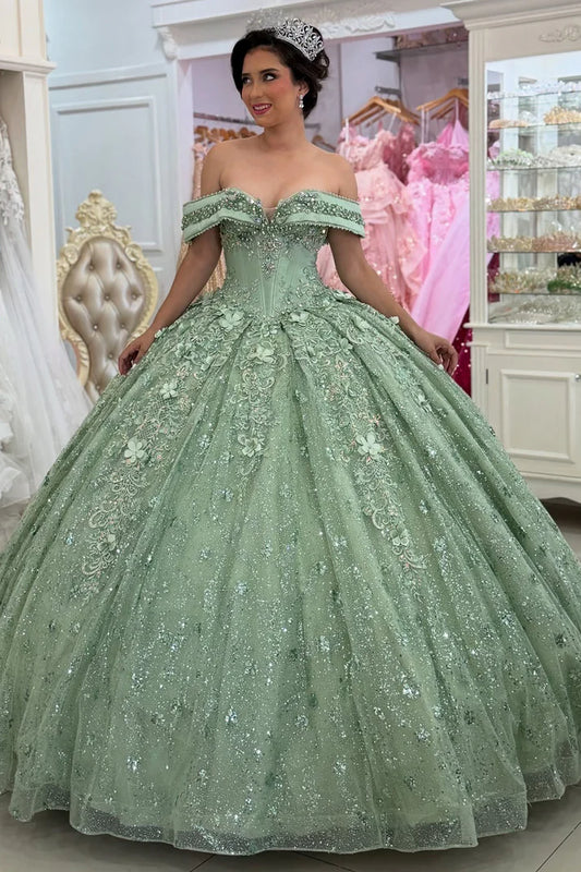 Glamorous Sage Green Appliqued Beaded Off-Shoulder Glitter Tulle Sweetheart Quinceanera Sweet 15 Ball Gown DP7200
