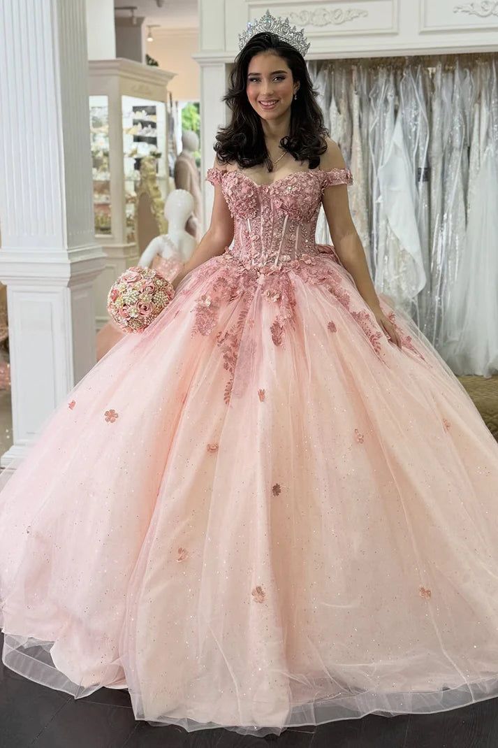 Glamorous Pink Tulle Appliqued Off-Shoulder Sweetheart Quinceanera Sweet 15 Ball Gown DP7187