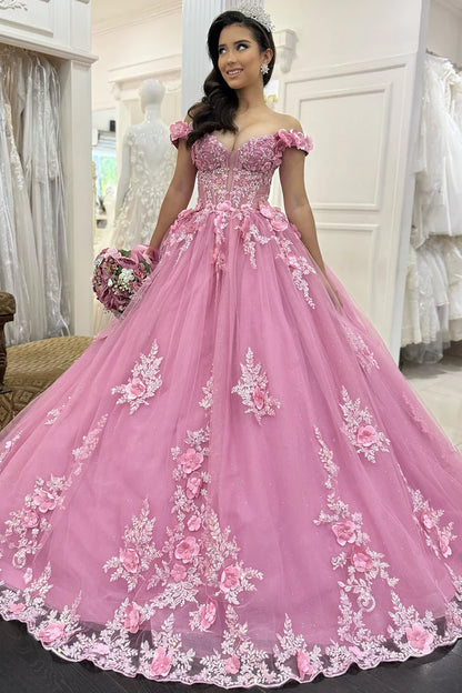 Chic Pink Tulle Appliqued Off-Shoulder Sweetheart Quinceanera Sweet 15 Ball Gown DP7188