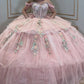 Robe de bal élégante rose à épaules dénudées, ornée d'appliqués floraux et décolleté en cœur, pour quinceañera DP7241