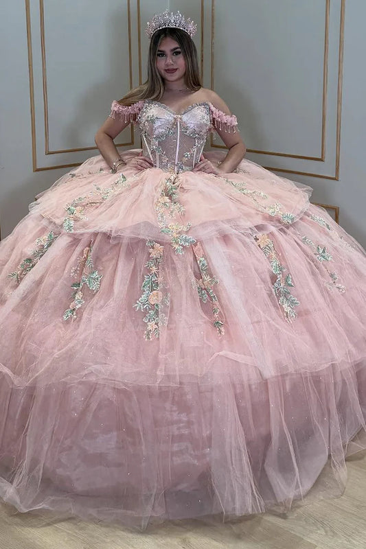 Robe de bal élégante rose à épaules dénudées, ornée d'appliqués floraux et décolleté en cœur, pour quinceañera DP7241