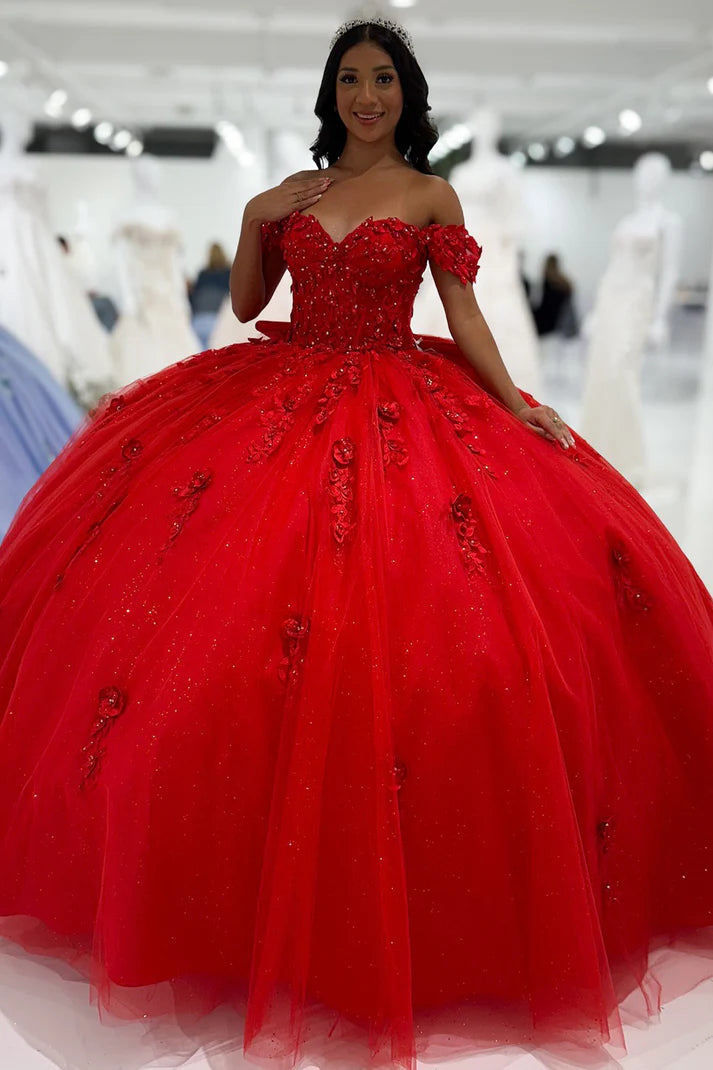Robe de bal chic rouge à épaules dénudées, ornée d'appliqués de perles et d'un décolleté en cœur, idéale pour une quinceañera ou un Sweet 15 (DP7181)