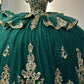 Elegant Emerald Green Off-Shoulder Gold Embroidered Applique Glitter Tulle Quinceanera Ball Gown DP7233