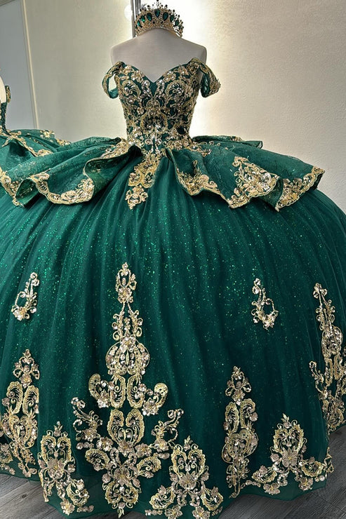 Elegant Emerald Green Off-Shoulder Gold Embroidered Applique Glitter Tulle Quinceanera Ball Gown DP7233