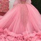 Elegant Pink One-Shoulder Beaded Bodice Oversized Bow & Ruffled Tulle Quinceanera Ball Gown DP7237