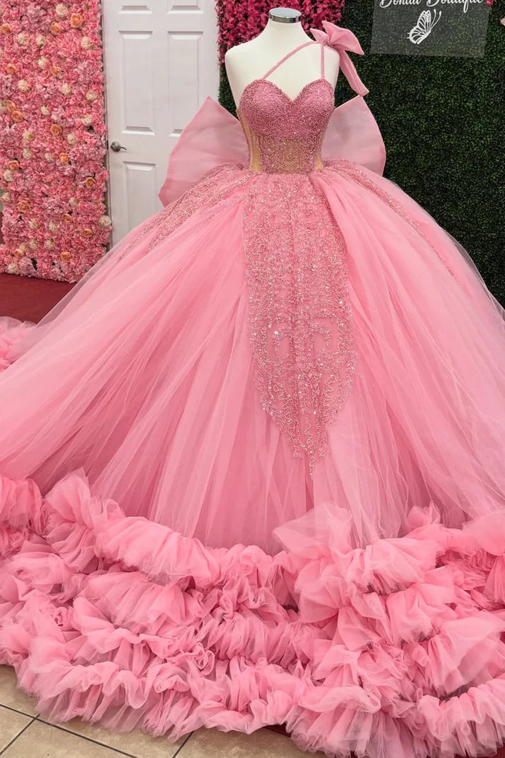 Elegant Pink One-Shoulder Beaded Bodice Oversized Bow & Ruffled Tulle Quinceanera Ball Gown DP7237